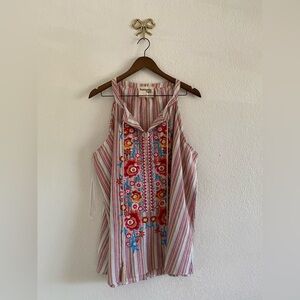Anthropologie Women’s Savanna Jane Striped Linen Embroidered Top Size 1X